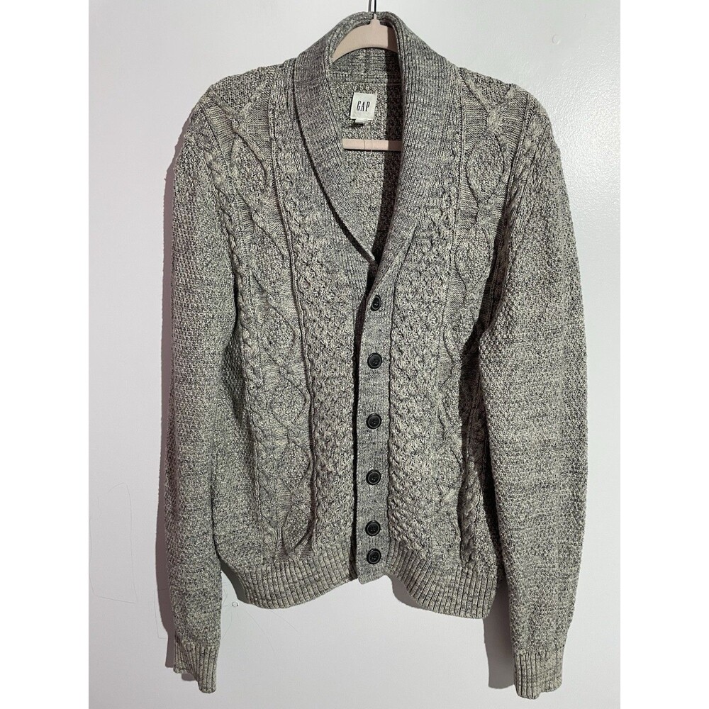 Gap Cardigan Sweater Mens L Budding Cable Knit Fisherman Shawl Collar Grandpa